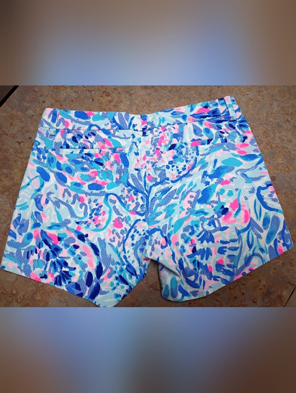 Lilly Pulitzer Light Blue, Pink & Navy Tropical Print Jean Shorts - Picture 6 of 8